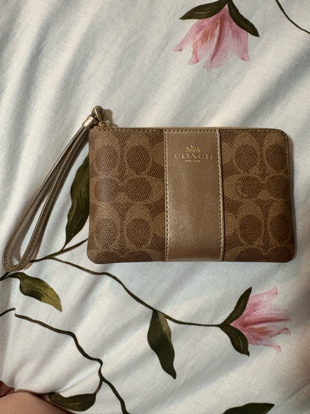 Coach Brown Signature Canvas Wristlet with Leather Stripe